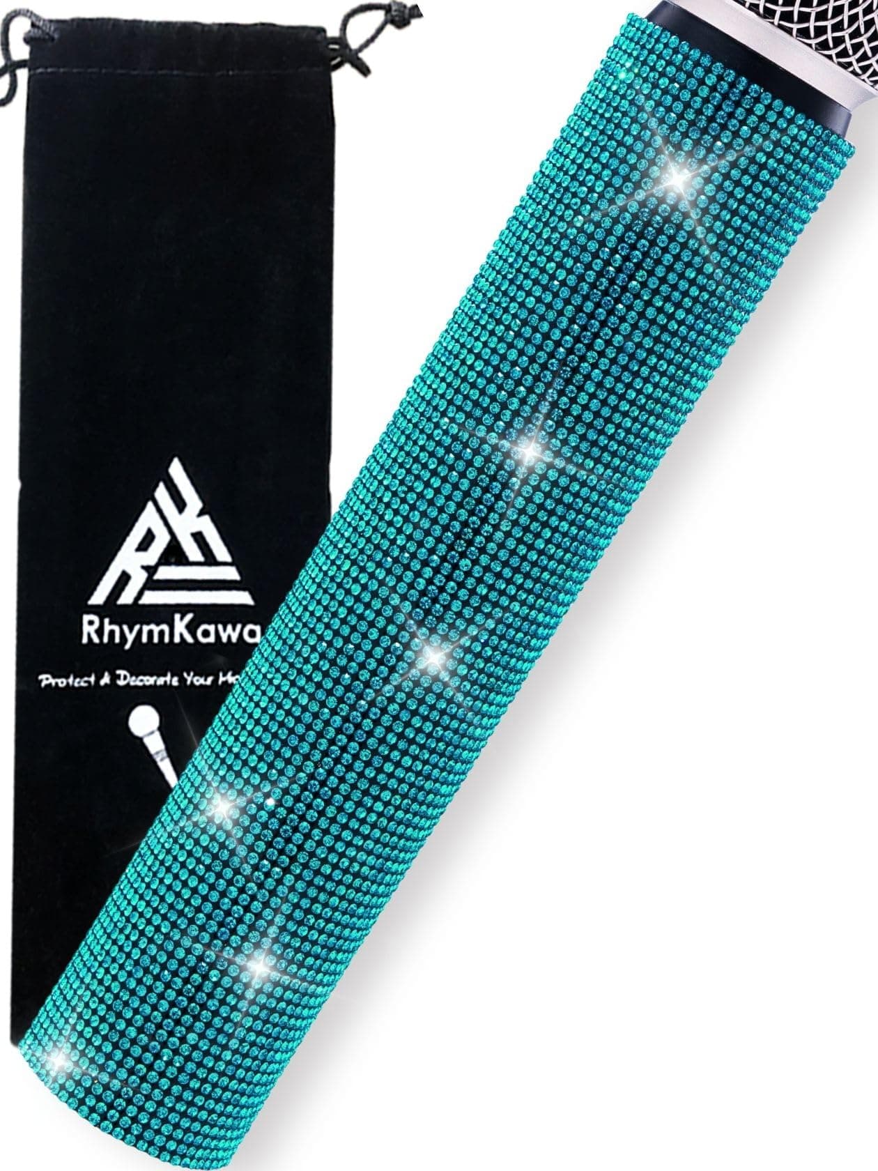 RhymKawa Microphone Cover for Shuer Wireless Microphone SM58, Beta58 Series Decorative Cyan Sleeve Replacement, Bling on Party Live Steam TV Stage Show Event Sparkly, Lake Blue (Mic Not Included)