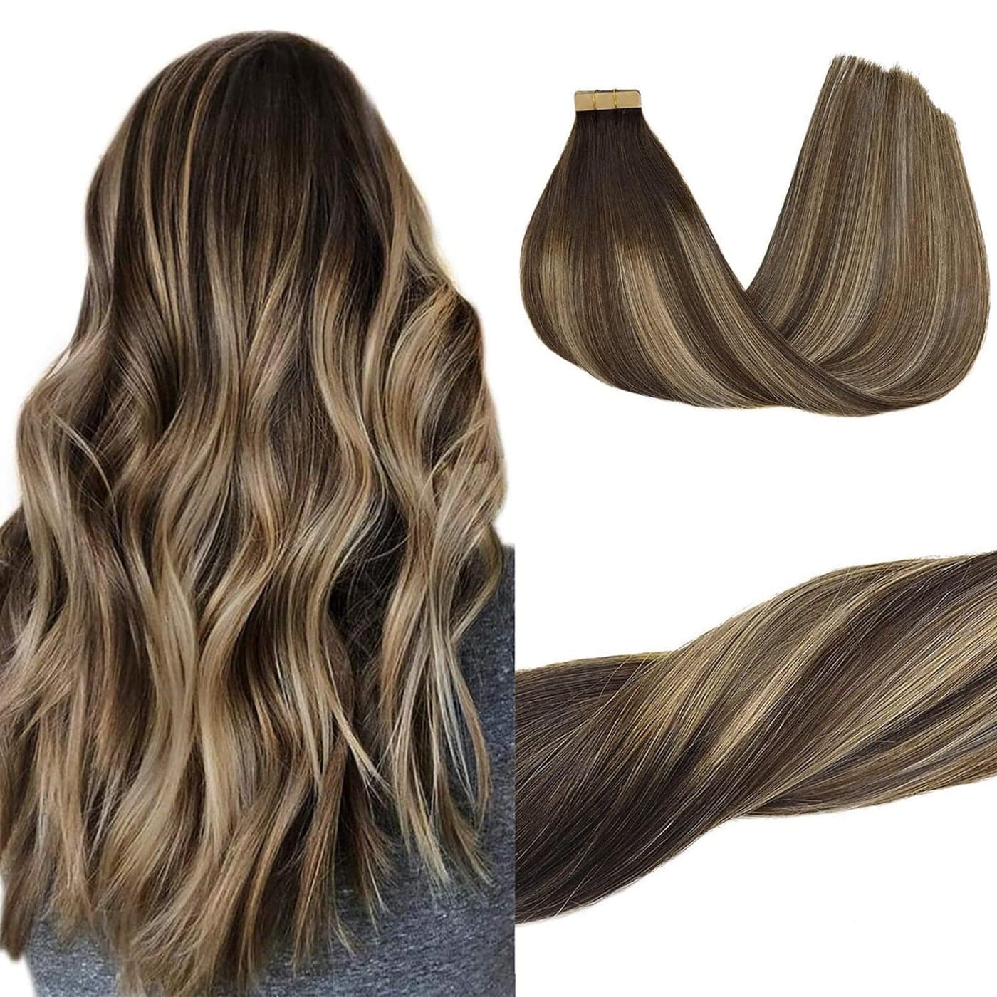 GOO GOO Tape in Hair Extensions Human Hair 4264 Balayage Chocolate Brown to Honey Blonde 24inch 50g 20pcs Skin Weft Seamless Invisible Silky Straight with Thick Ends Remy Human Hair