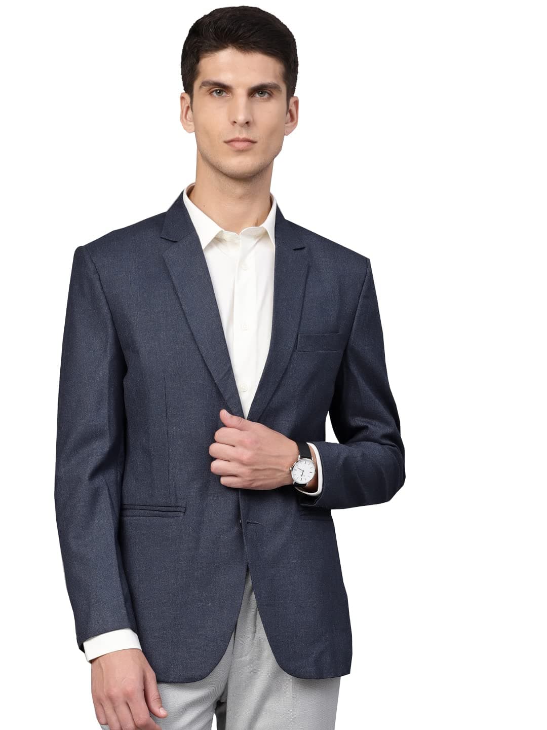 MANQ Men's Slim Fit Single Breasted Blazer (BL-101-40-Mustard Blue_Blue_40)