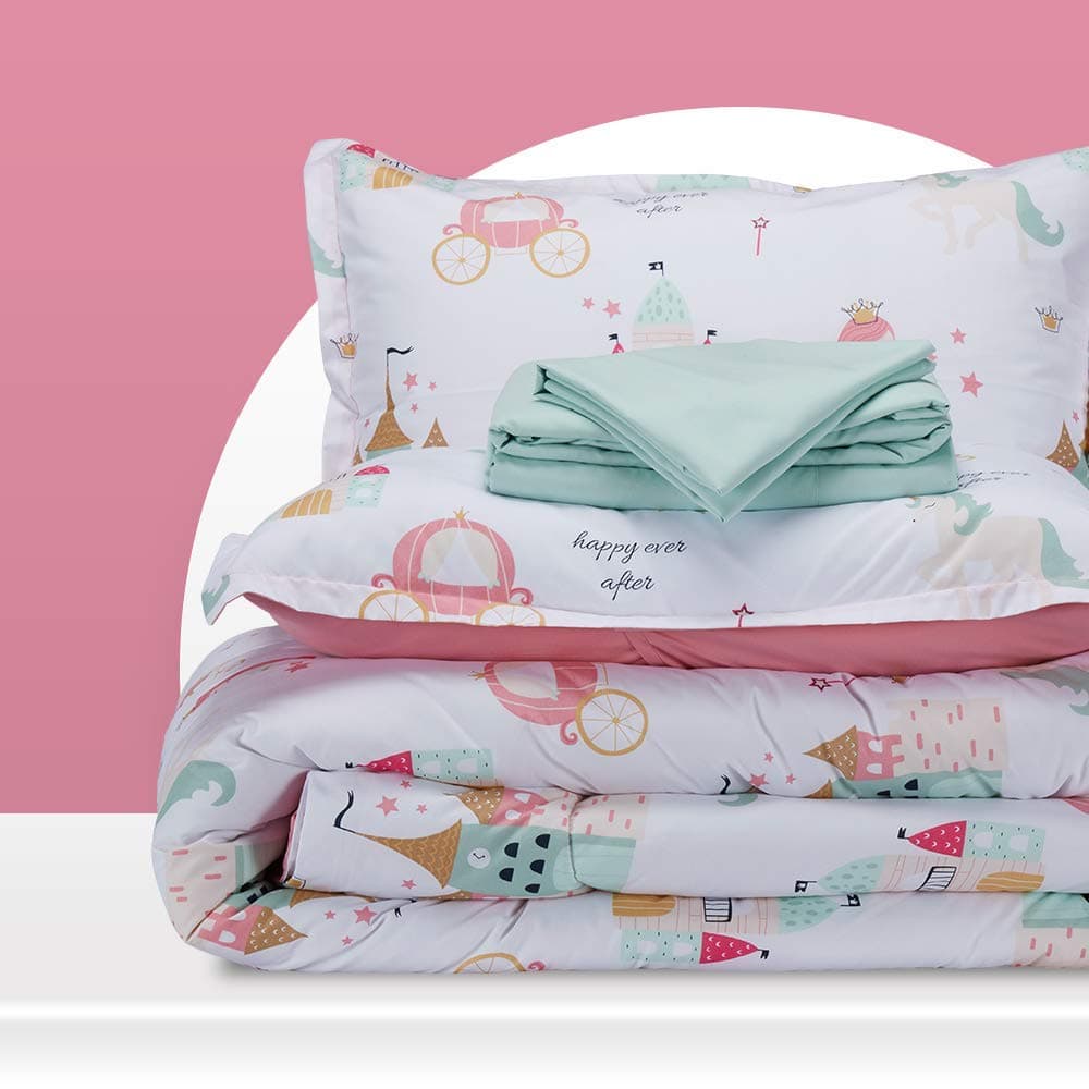 SLEEP ZONE Kids Twin Bedding Comforter Set Super Cute Soft Kids Bedding 5 Pieces Set with Comforter Sheet Pillowcase Sham Princess Castle