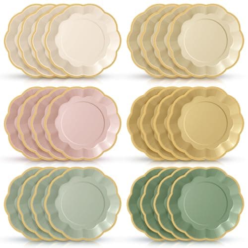 Tiangrid 72 Pcs Pink and Green Paper Plates 9 Inch Sage Pink Beige Yellow Gradient Scalloped Paper Disposable Dinner Dessert Plates for Jungle Safari Birthday Wedding Bridal Party Supplies 6 Colors