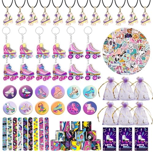 Tazimi 122 PCS Roller Skate Party Favors Skating Party Supplies with Key Chains Button Pins Stickers Rubber Bracelets for Hip Hop Disco 80s 90s Themed Party (style 2)