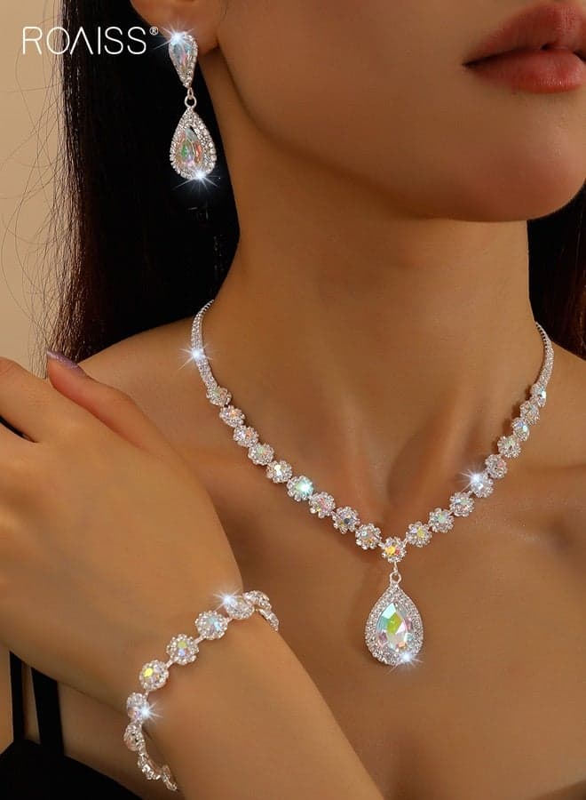 Crystal Bridal Wedding Jewelry Set, Sparkle Silver Crystal Earrings Necklace Bracelet Jewelry Set, Crystal Formal Costume Jewelry Sets for Brides Women