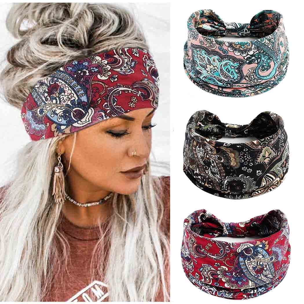 Boho Bandeau Headbands Wide Knot Hair Band Stretch Turban Head Wraps Fashion Hair Accessories for Women 3 Pcs Exquisite