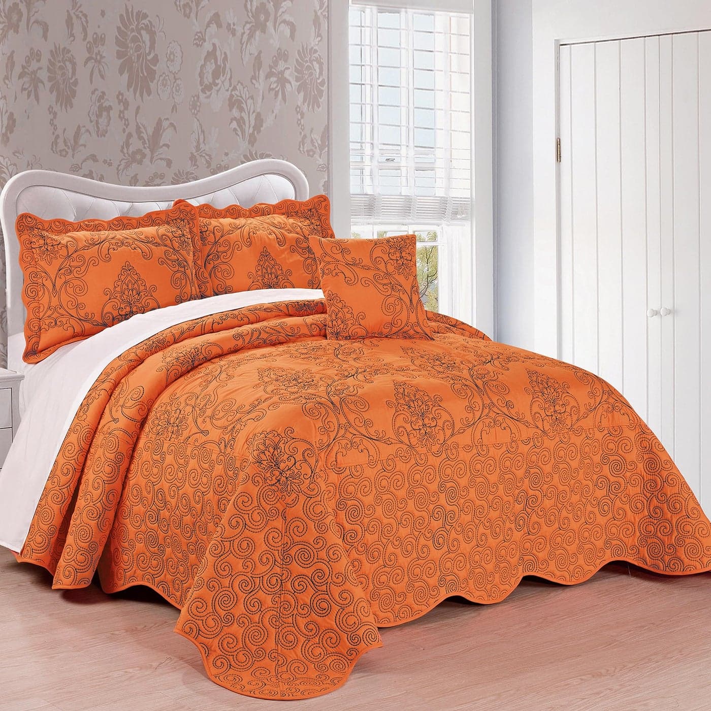 Home Soft Things Damask 4 Piece Bedspread Set Scalloped Edge Reversible Quilt Coverlet Comforter Prewashed Bedding Set Matelasse Embossed Floral Solid PatternNectarine Oversize Queen110 x 120