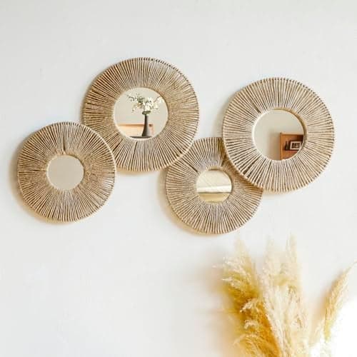 Artilady 4 Pack Hanging Baskets Wall Art Decorative Woven Wicker Basket Boho Wall Hanging Rustic Round Mirrors Natural Jute Home Decor Set for Bedroom Living Room Nursery