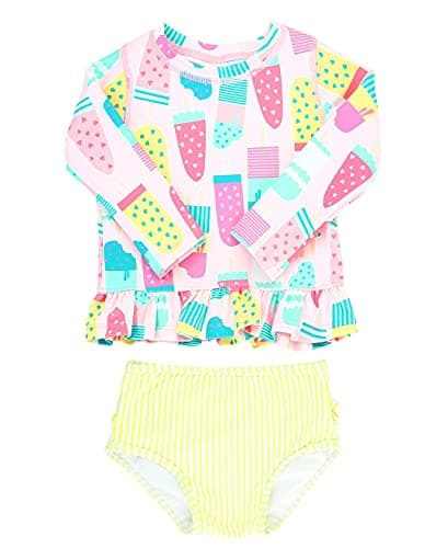 RuffleButts Ice Cream Social Long Sleeve Ruffle Hem Rash Guard Bikini - 3T