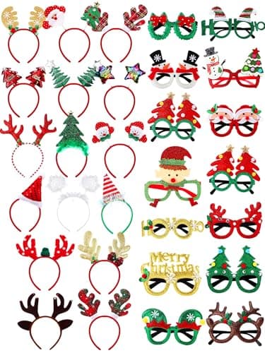 Yunsailing 32 Pcs Christmas Headbands and Glasses Frames Christmas Party Supplies with 32 Cute Designs Santa Hat Snowman Reindeer Antler Bow Hat for Adults Women Party Favor Photo Booth