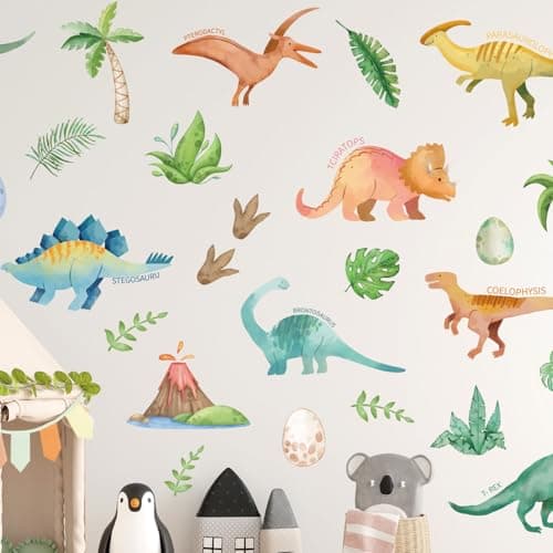 CharmFlo Wall Decals for Kids Room Self Adhesive Removable Dino Palm Tree Wall Stickers Jungle Nursery Bedroom Playroom Classroom Decor Easy Peel Stick BoysGirls Home Art