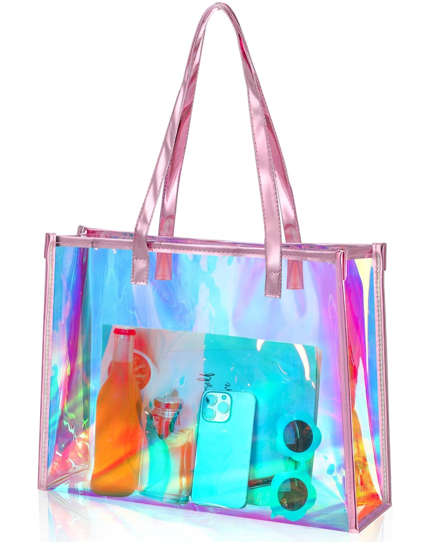 Aliceset Holographic Clear Tote Bag with Leather Handle Iridescent Bachelorette Beach Bag for Work Stadium Travel (Pink)