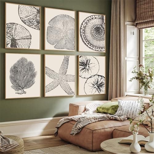 6Pcs Boho Beach Coastal Posters Canvas Wall Art Modern Abstract Painting Shell Pictures Prints Wall Decor Gallery Artwork for Beach House Bathroom Living room8x10InUnframed