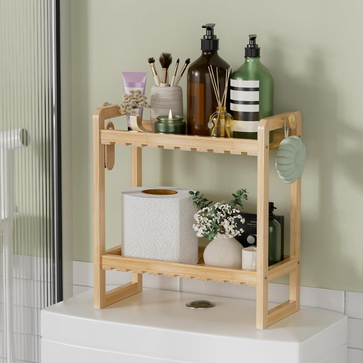 AmazerBath Bamboo Over The Toilet Storage Shelf 2Tier Bathroom Organizers and Storage Shelves 2 in 1 Dual Stable Above Over Toilet Bamboo Shelf Home Storages Rack for Small Bathroom Space Saver