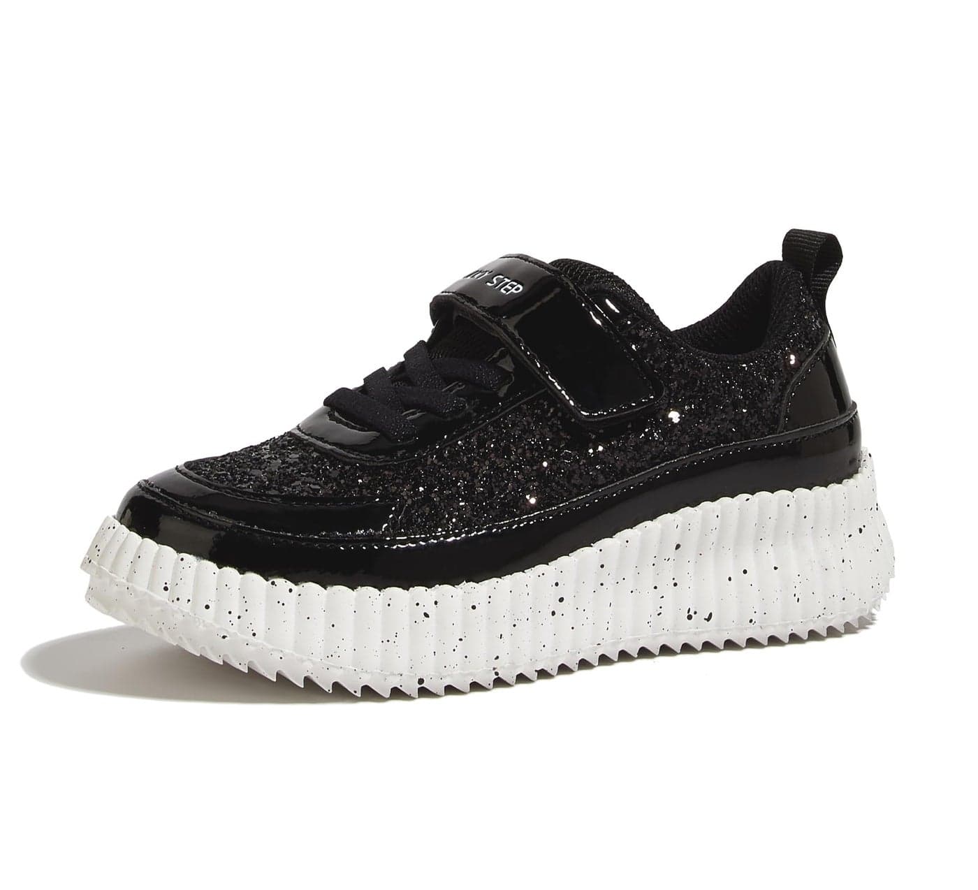 LUCKY STEP Children/Kids/Boys/Girl Glitter Comfort Casual School Low Top Sneaker Strap Athletic Tennis Running Shoes (Black Glitter,Toddler 10)