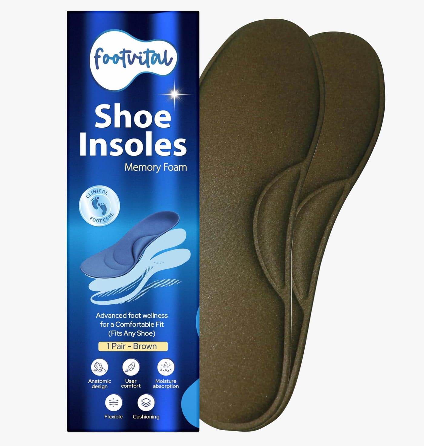 Footvital Memory Foam Shoe Insoles - Size 6 (Brown) (1 Pair) – Comfort Cushion Insoles for Men & Women, Shock Absorbing Shoe Inserts for Everyday Walking, Work Shoes & Sneakers – Soft Fit Foot Support