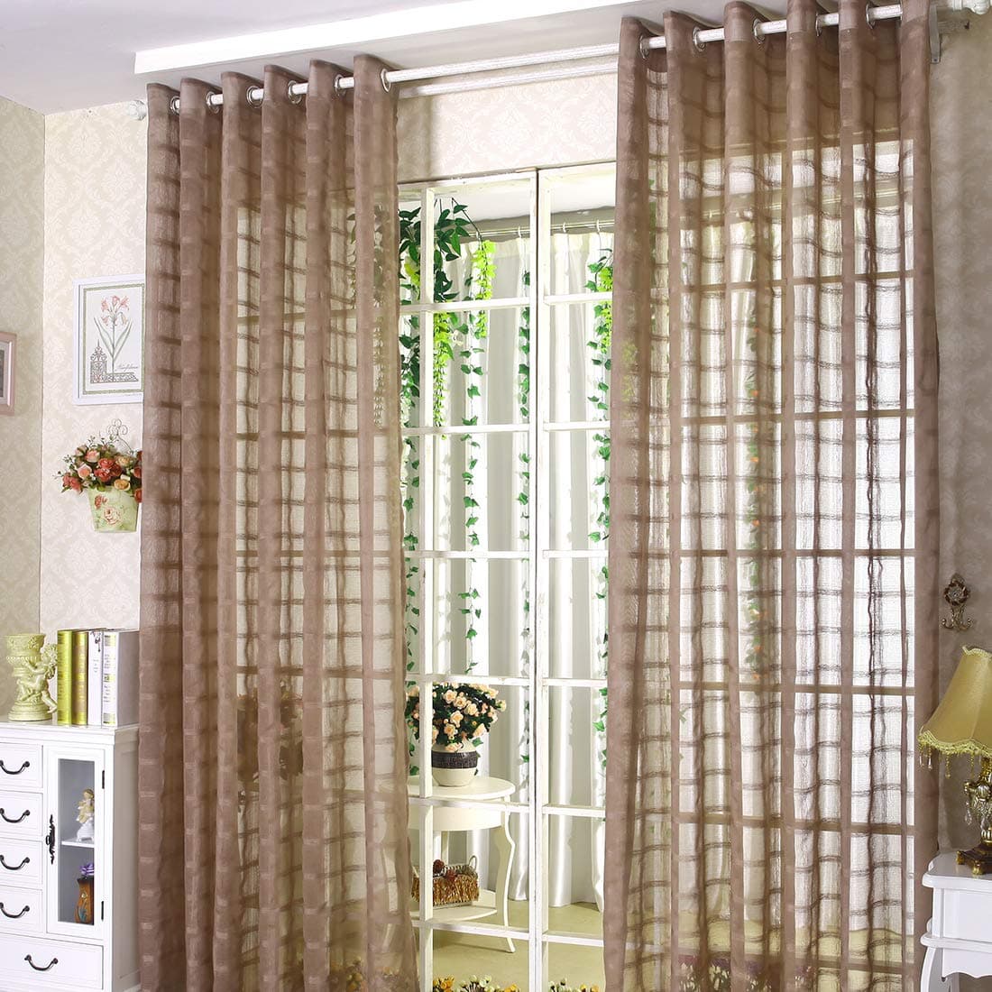 JAIJY 78 Volie Semi Screen 2Pc Tulle Backdrop Curtains Buffalo Check Striped Gingham Sheer Linen Fabric Window Curtain Panel Decorative Grommet Top Bedroom Drapes 2 Panels 78 inch Length Khaki