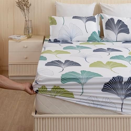 HOMEMONDE 100% Cotton Fitted Bed Sheet for Single Bed, Ginkgo Leaf Printed All Around Elastic Bedsheets (72 x 48 Inch) with 1 Pillow Cover | Perfect for Home Decor & Gifting