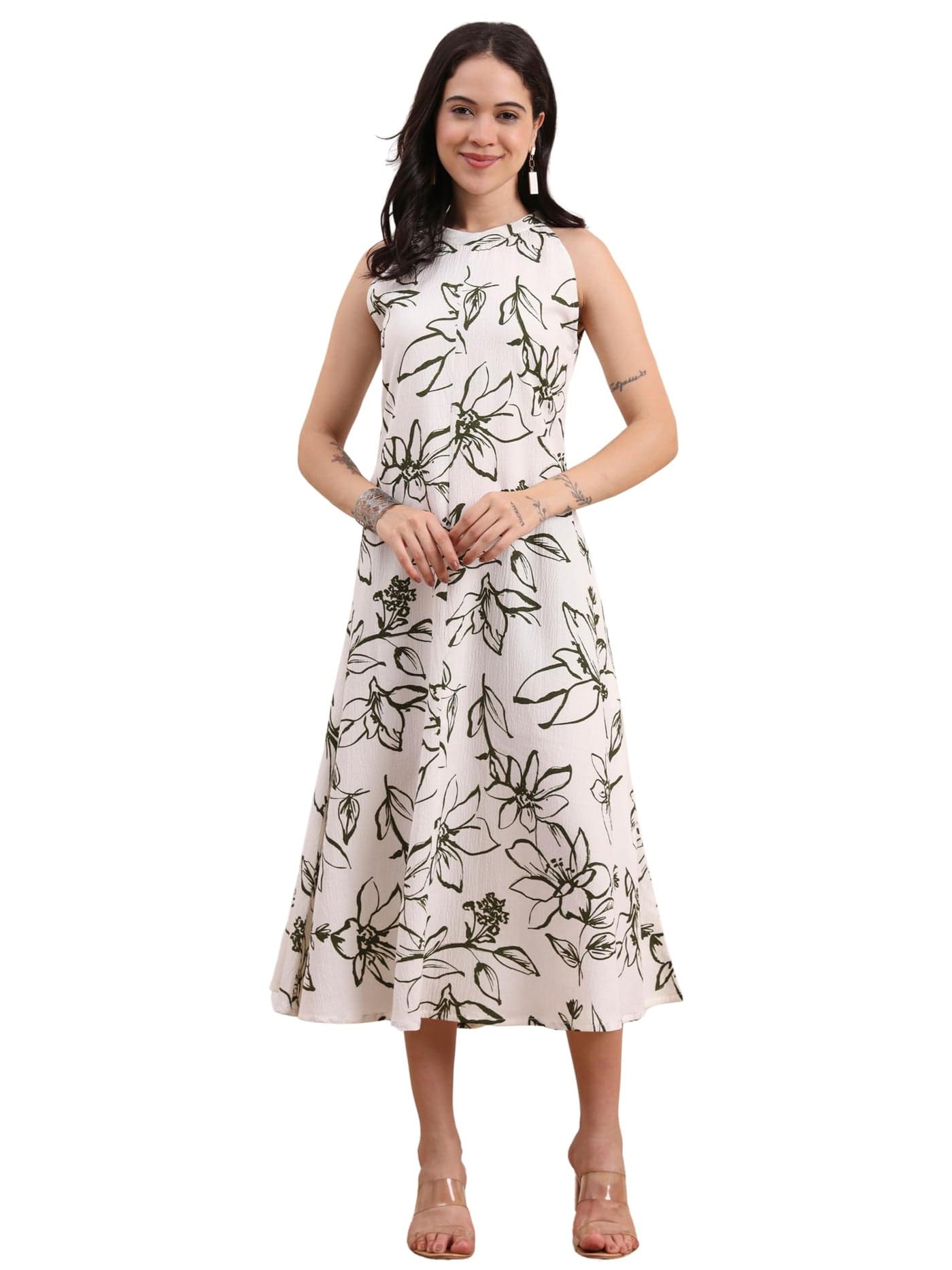 Yash Gallery Women’s Moss Bubble Fabric Sleeveless White with Green Floral Print A-Line Midi Dress