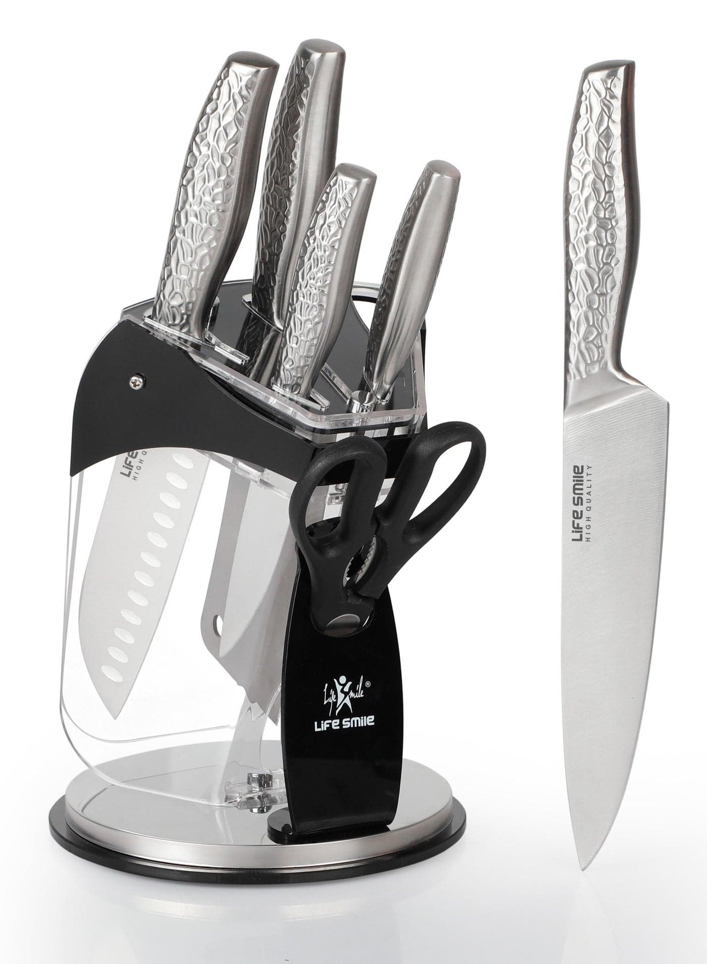 Life Smile 7 Pcs Kitchen Knife Set With Stand-Stainless Steel Kitchen Knives Set Includes 1xKitchen Scissor,1xPairing knife,1xUtility Knife,1xSantoku knife,1xCleaver Knife,1xChef knife & 1xKnife Stand-Ultra Sharp Blades
