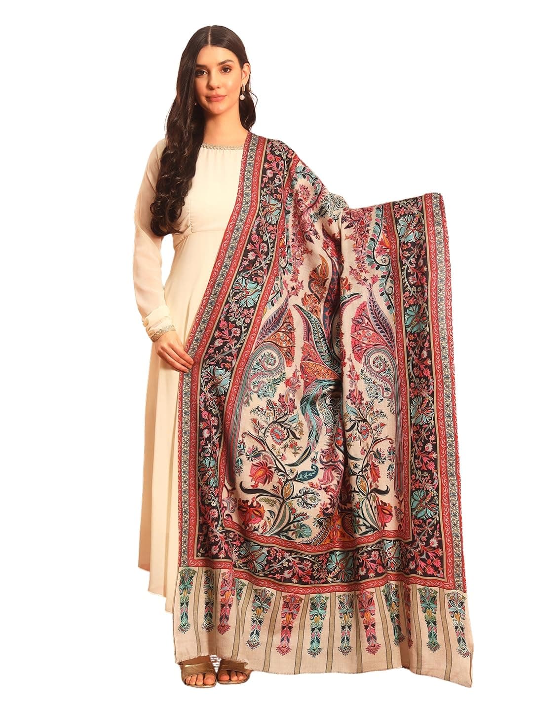 Pashmoda Women Rangkalam 100% Pure Wool Fabric Kalamkari Embroidered Shawl (Size: 40x80in, 101x203cm) KAS21