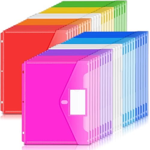 Forvencer Binder Pocket 48 Pack Super Heavyweight Poly Binder Pocket with Tight Closure File Folders Side Loading 3 Ring Binder Organizer Letter Size Assorted Colors