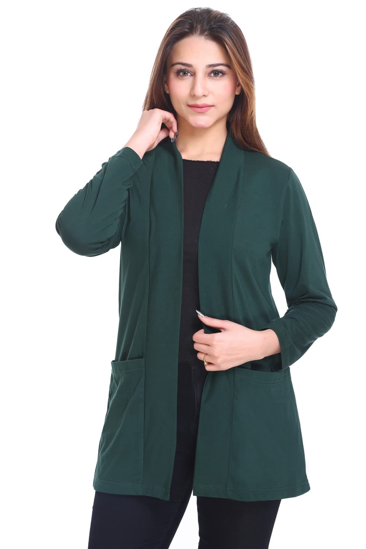 Plush Women's Cotton Waterfall Front Open Regular Shawl Collared Mid Length Shurgs|Girls/Ladies Shrug with Front Pockets (PWT-15) (Bottle Green, Large)