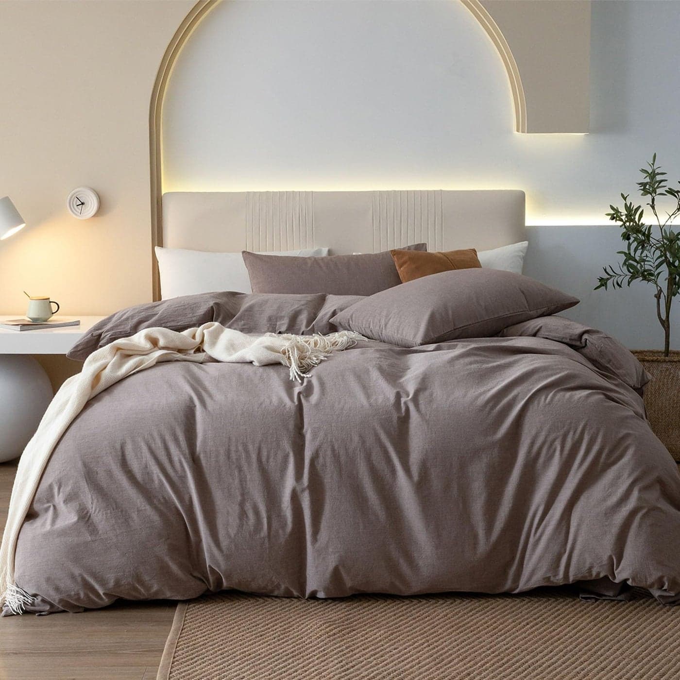 JIYUAN 100 Washed Cotton Duvet Cover Set 3 Pieces King 1 Duvet Cover 104x90 InchesComforter Not Included and 2 PillowcasesLinen Feel Bedding Set Comfy and Breathable Heathered Mauve Brown