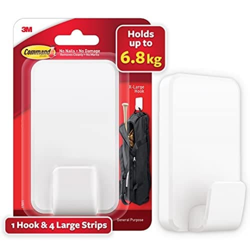 3M Command Mega Wall Hooks, Holds Up to 6.8kg, no Paint Damage, Reusable, Heavy Duty, Holds Strongly, Adhesive Hooks for Wall, Multi-Surface (1 Hook, 4 Strips)