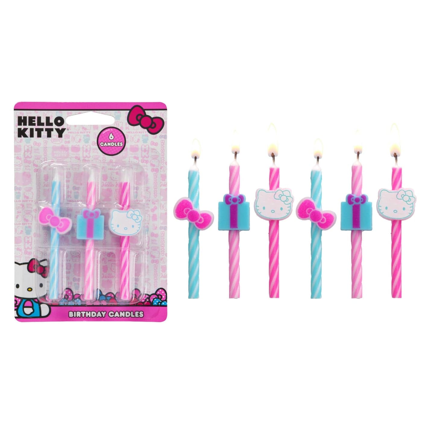 Hello Kitty Birthday Cake Candles 6 Birthday Candles for Cake Decorations Pink Blue Striped Candles Cupcake Toppers for Hello Kitty Party