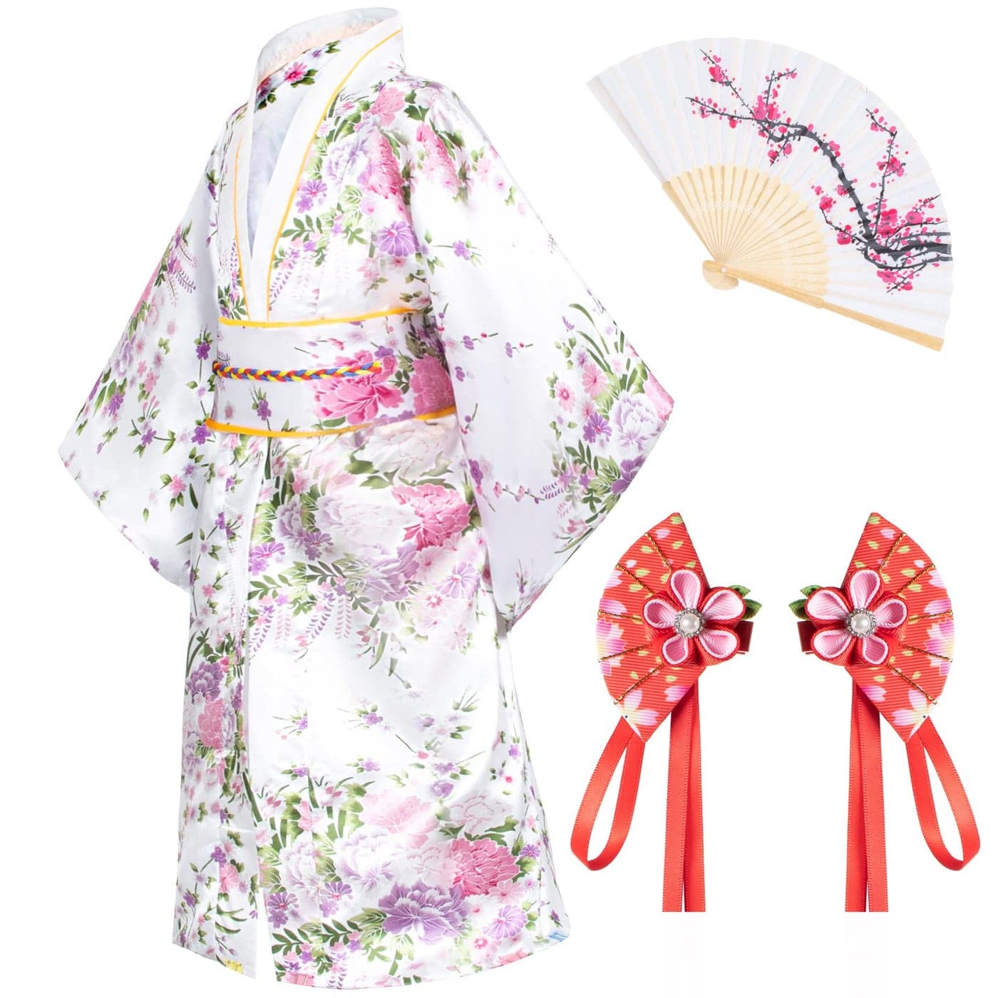 Japanese Traditional Dress Kimono Robe for Kids Girls Costume Silk Folding Fans hairstick SetWhite110cm