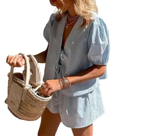 Yuemengxuan Women Y2k Peplum Shirt Shorts Set Two Piece Lounge Set Pajamas Sets Puff Sleeve Tie Front Top 2pcs Pj Outfits (Light Blue #rhyu, M)