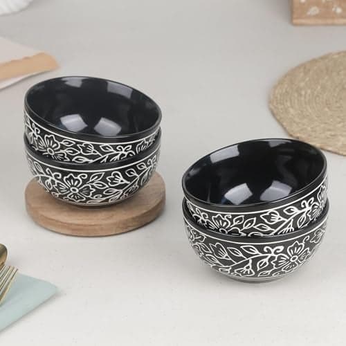The Earth Store Black Artvine Handprinted Ceramic Snack Bowl Set of 4, 500 ML | Dishwasher & Microwave Safe Serving Bowl Snacks, Dal, Curry, Pasta, Vegetables and More | Perfect for Gifting, Daily Use
