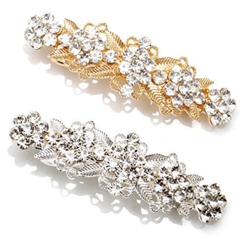 Clear Fancy Rhinestone Crystal Hair Barrette Clip Hair Pin Pack 2 Silver Gold Tone_C