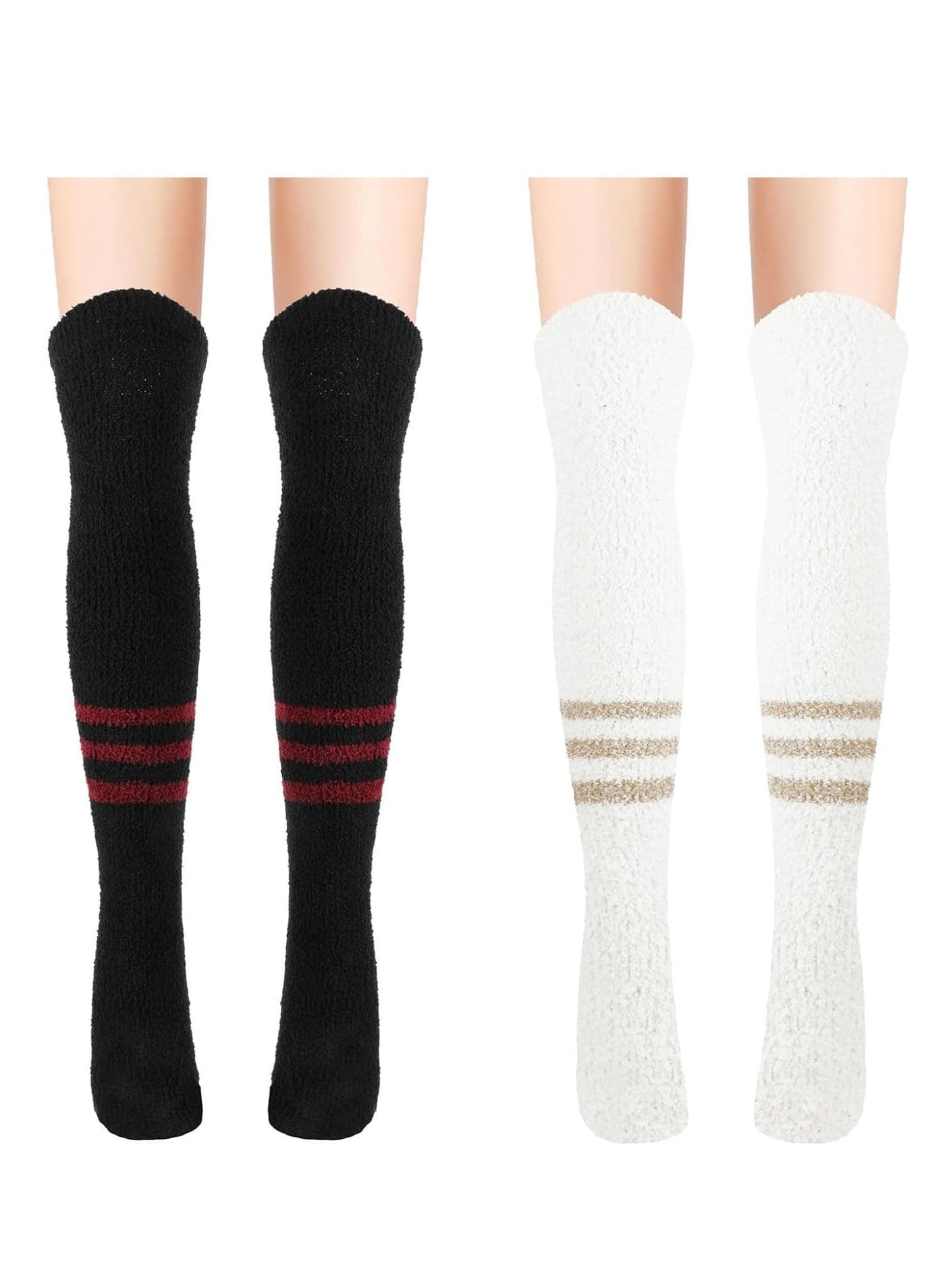 2 Pairs Knee High Socks Coral Velvet for Women Stocking, Thigh Long Striped Winter Classic
