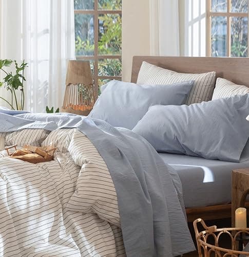 MooMee Bedding Sheet Set 100 Washed Cotton Linen Like Textured Breathable Durable Soft Comfy Heathered Cornflower Blue Queen