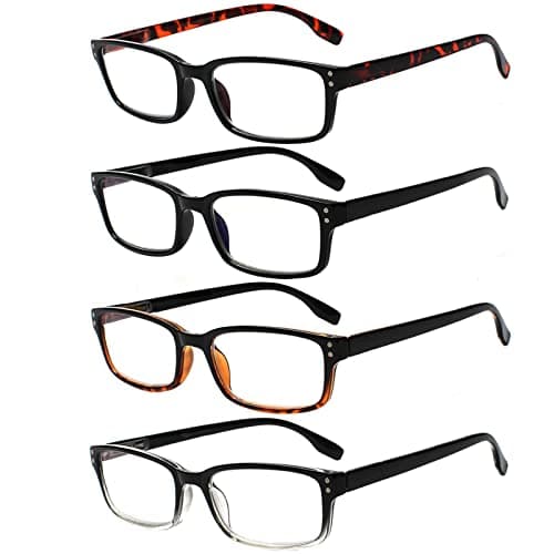 Kerecsen 4 Pack Reading Glasses for Men and Women with Spring Hinges, Lightweight Black Rectangular Readers Eyeglasses (Multicolor, 2.00)