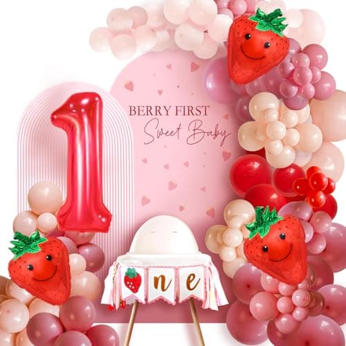 168 pcs Strawberry First Birthday Decorations Strawberry Balloon Arch Kit and Strawberry High Chair Banner for Sweet One Berry First Birthday Party