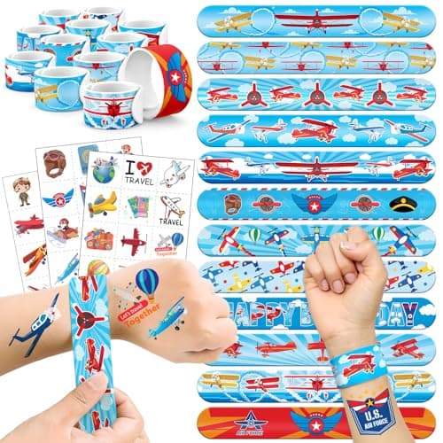 60 PCS Airplane Party Favors Set 36 Temporary Tattoos Sticker 24 Slap Bracelets for Kids Perfect for Birthday Parties Classroom Rewards and Gifts