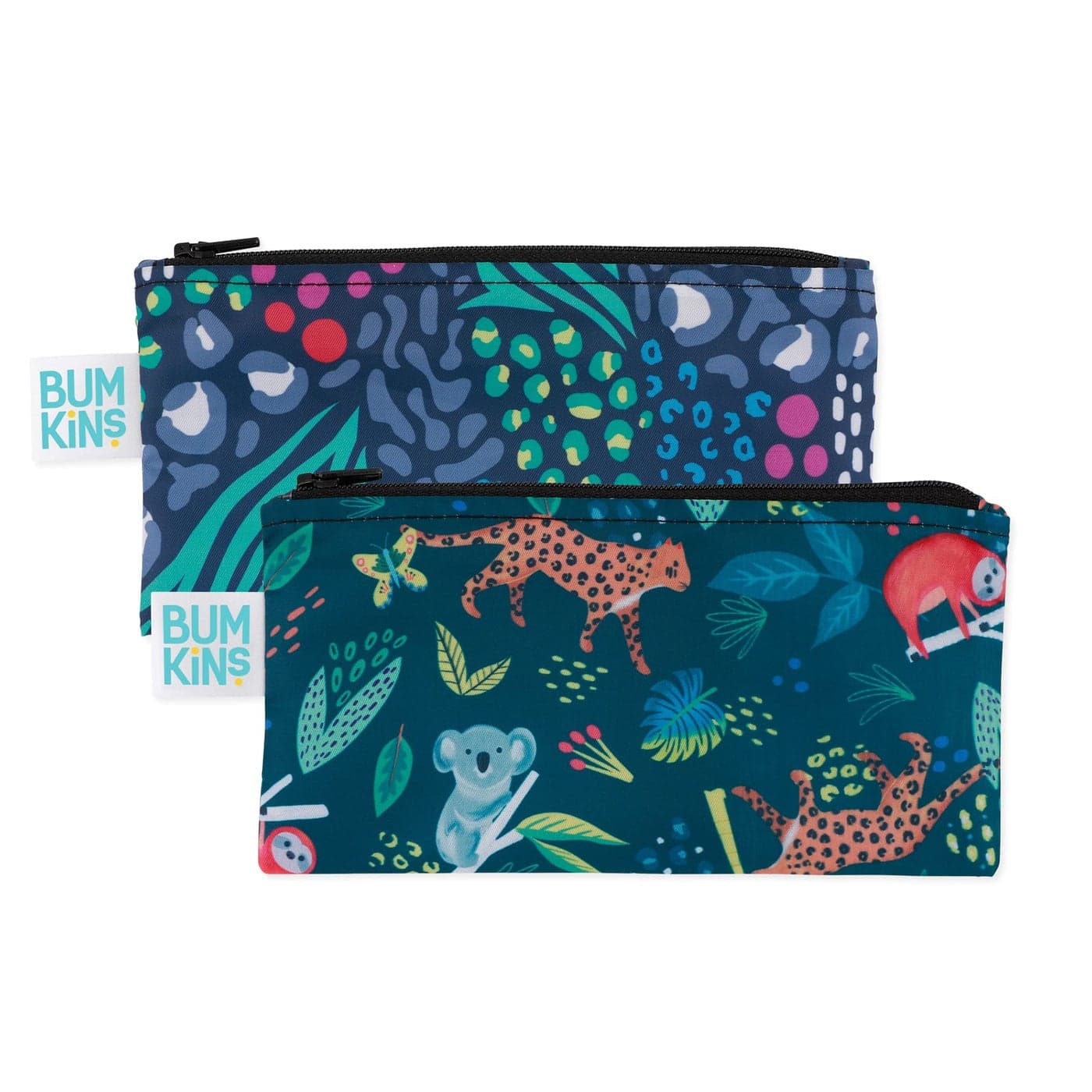 Bumkins Reusable Snack Bags for Kids School Lunch and for Adults Portion Washable Fabric Waterproof Cloth Zip Bag Supplies Travel Pouch FoodSafe 2pk Jungle and Animal