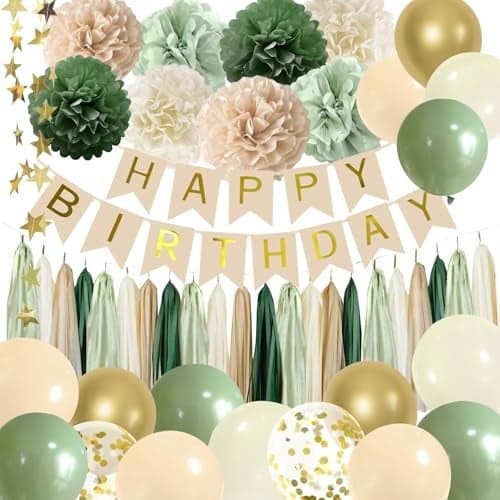ELTNEGSA Sage Green Birthday Party Decorations with Banner Tissue Tassels Paper Pompoms Balloons Star Garland Cake Topper