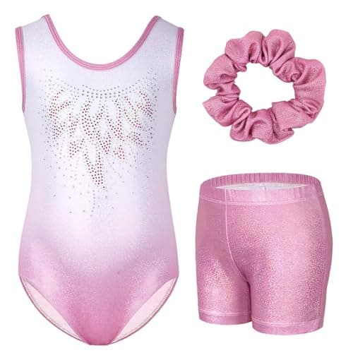 Gogokids Gymnastics Leotards for Girls Sparkly Rhinestone Dance Unitards Biketards with Shorts Activewear, Pink Gradient, 5-6 Years