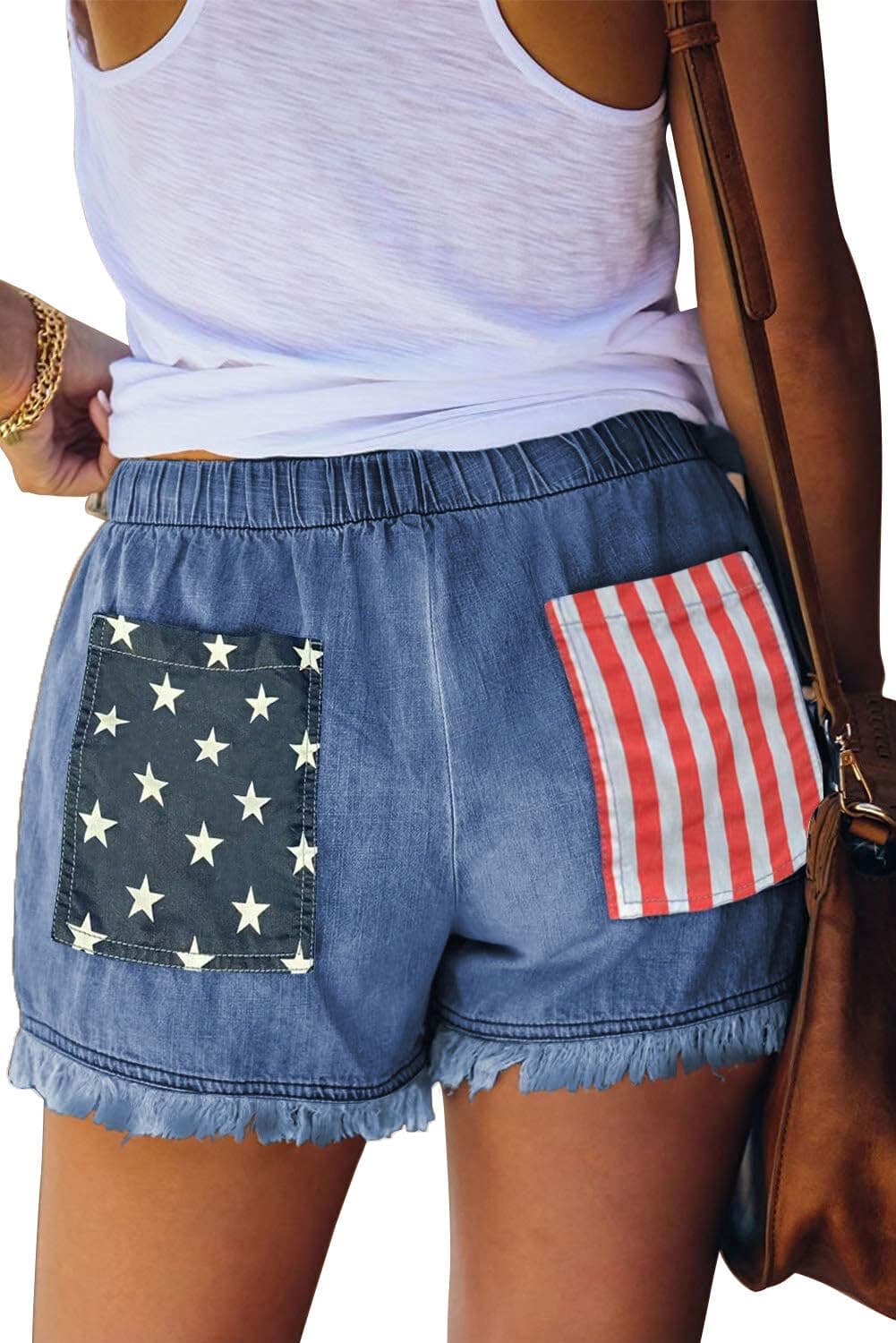 YOCUR Independence Day Denim Shorts for Women High Waisted Jean Shorts Casual Baggy Fringe Drawstring Stretch Waist Fourth of July Short Pants Trendy Hot Pants Blue M