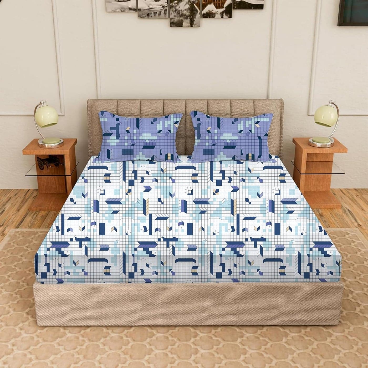 RajasthaniKart Pure Cotton 240 TC Printed Super King Size Double Bed Bedsheet with 2 Pillow Covers 108X108 Blue 301