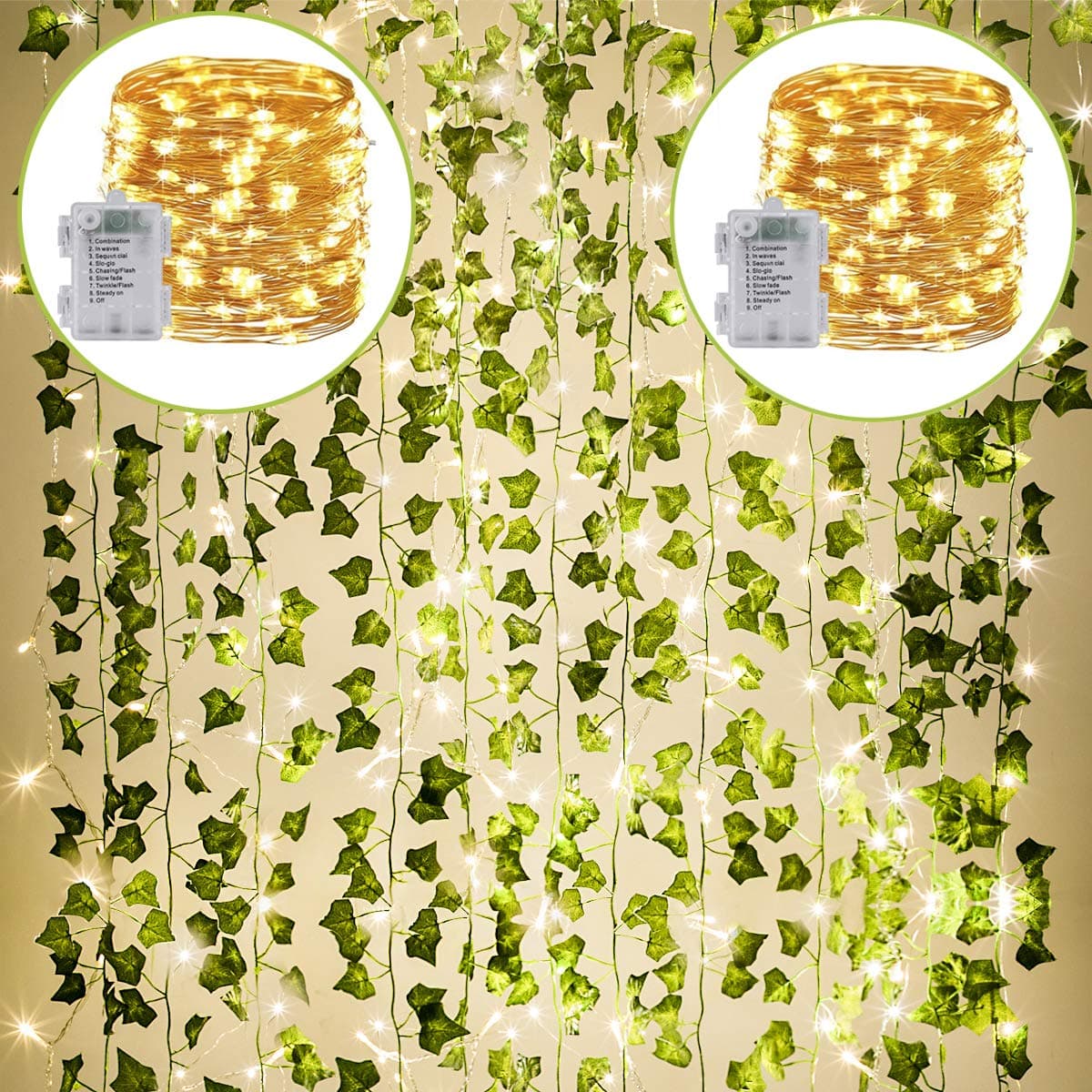 KASZOO 24Pack Each 82 inch Artificial Ivy Garland Fake Plants with 160 LED String Light Green for Wedding Party Garden Outdoor Greenery Wall Decoration
