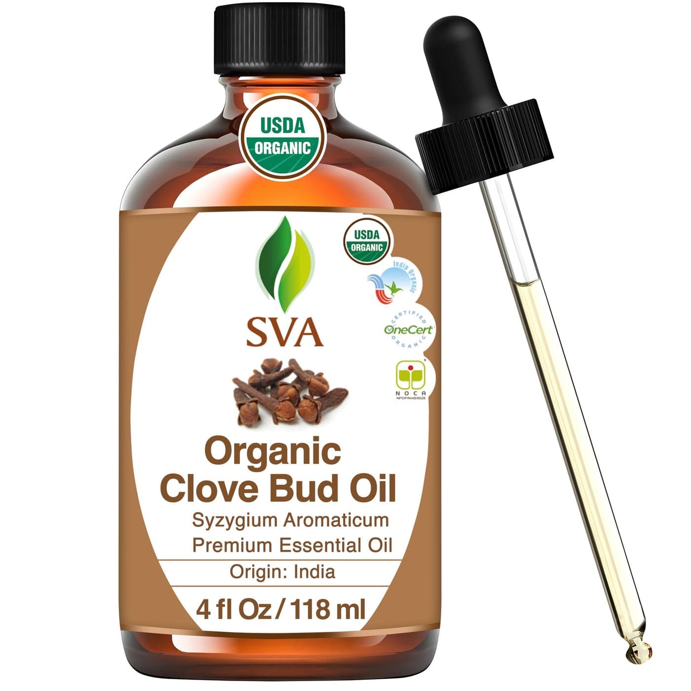 SVA Clove Essential Oil Organic 4 Fl Oz 100 Natural Organic Clove Oil for Diffuser Hair Care Face Skin Care Aromatherapy Scalp and Body Massage Soap and Candle Making with Dropper