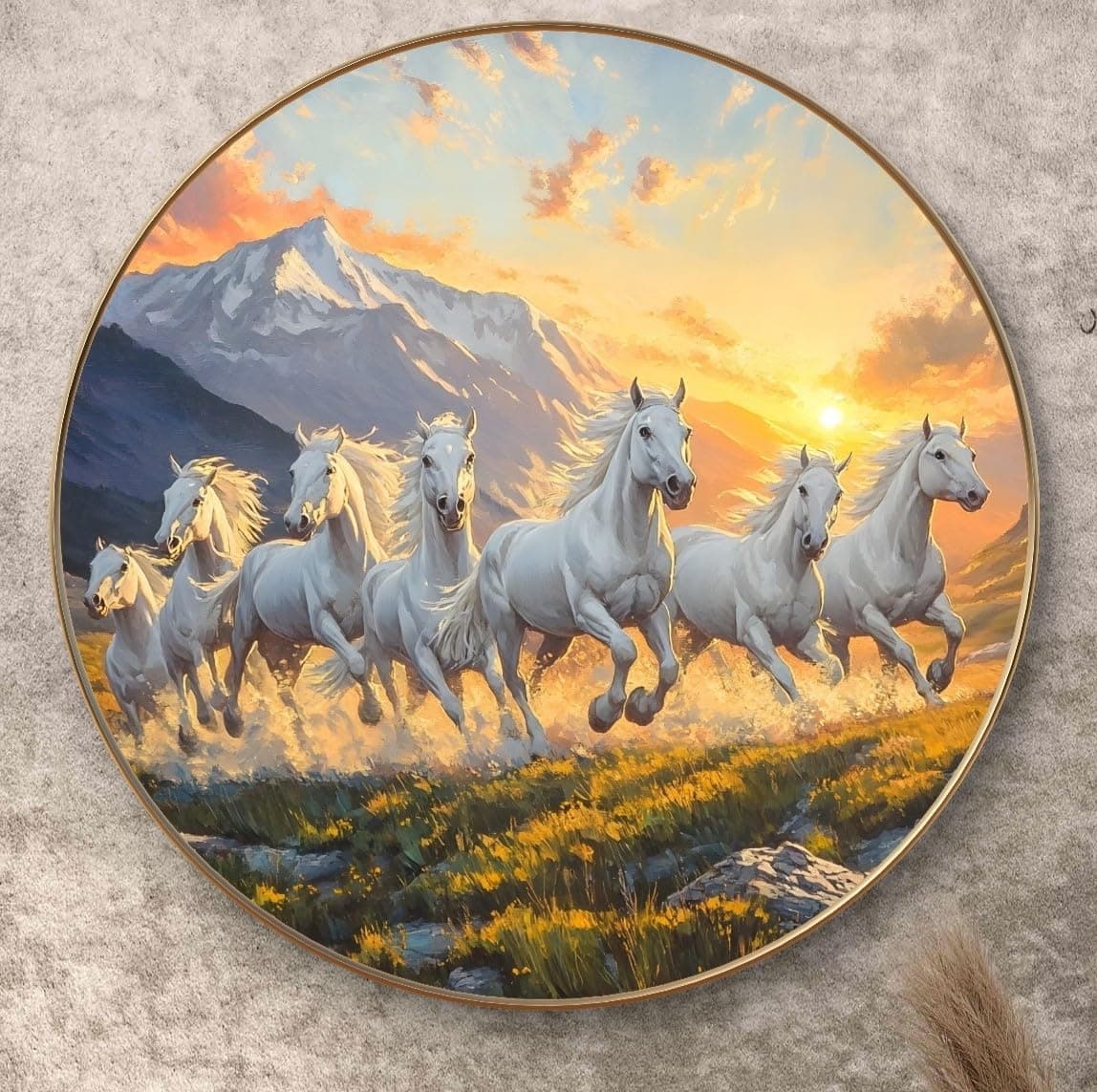 Livin'luxe Painting Majestic White Stallions Running at Dawn | 23 inch x 23 inch Horse Sparkle Lamination Print With Premium Golden PVC frame | Premium Round Canvas Artwork Scenic Mountain Sunset Wall Decor for Living Room Bedroom Office