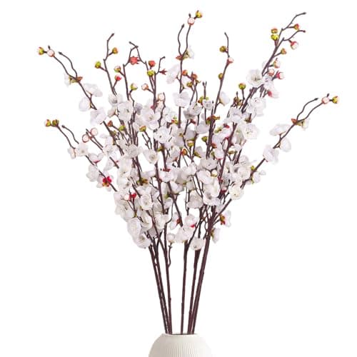 GrainBuds 8pcs White Cherry Blossom Branches Artificial Flowers for Winter Spring Indoor Decoration,36" Plum Fake Peach Plants for Wedding Home Office Bedroom Party Decor (White, 36in)