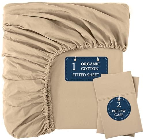 LANE LINEN 100% Organic Cotton Linen Twin Fitted Sheets, 2-Piece Set (1 Fitted Sheet, 1 Pillowcase), Percale Weave, Ultra Soft, Breathable, Fits Mattress Upto 15' Deep - Linen (No Flat Sheet)