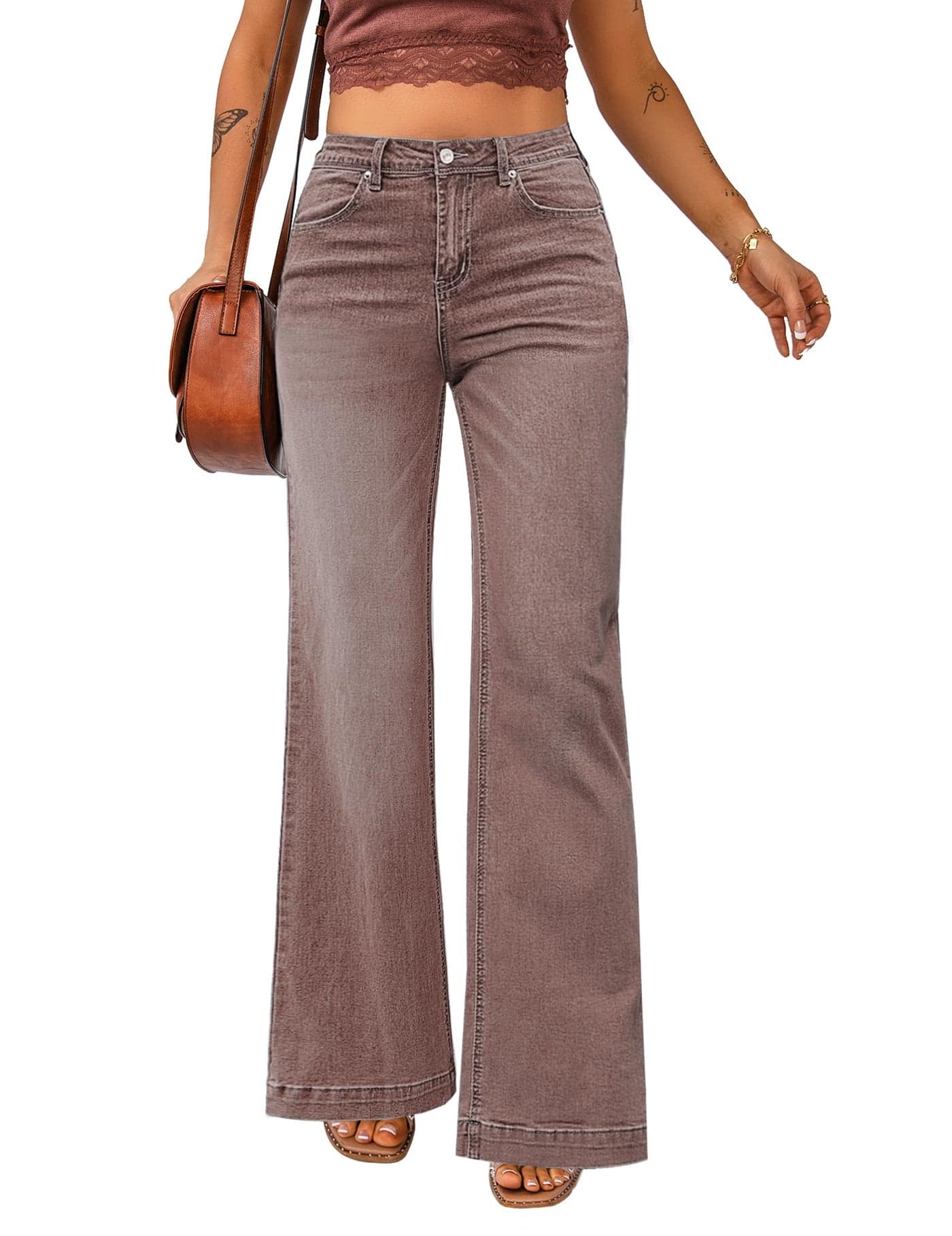 luvamia 2024 Wide Leg Jeans for Women High Waist Stretchy Classic Baggy Flare Jeans Denim Pants Pecan Brown Size X-Small US Size 0 Size 2