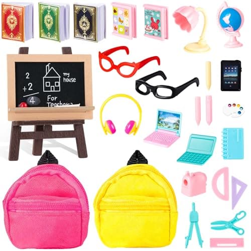 30Pcs Mini School Supplies, Doll School Supplies Includes Mini Doll Backpack Laptops Glasses Blackboard Book Palette Paper Ruler Scissors Calculator for Dolls Accessories Set
