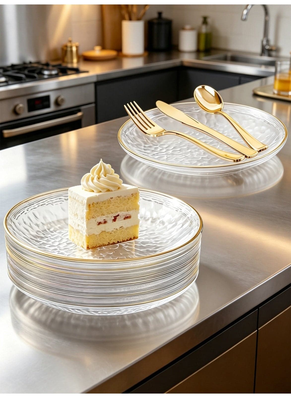 100PCS Clear Plastic Plates,Clear Disposable Plates With Gold Rim,Heavy-duty Gold Plates,Hammered Party Plates Include 25 7.5" Clear Dessert-Platos,25 Forks,25 Knife and 25 Spoon for Party Wedding Birthday
